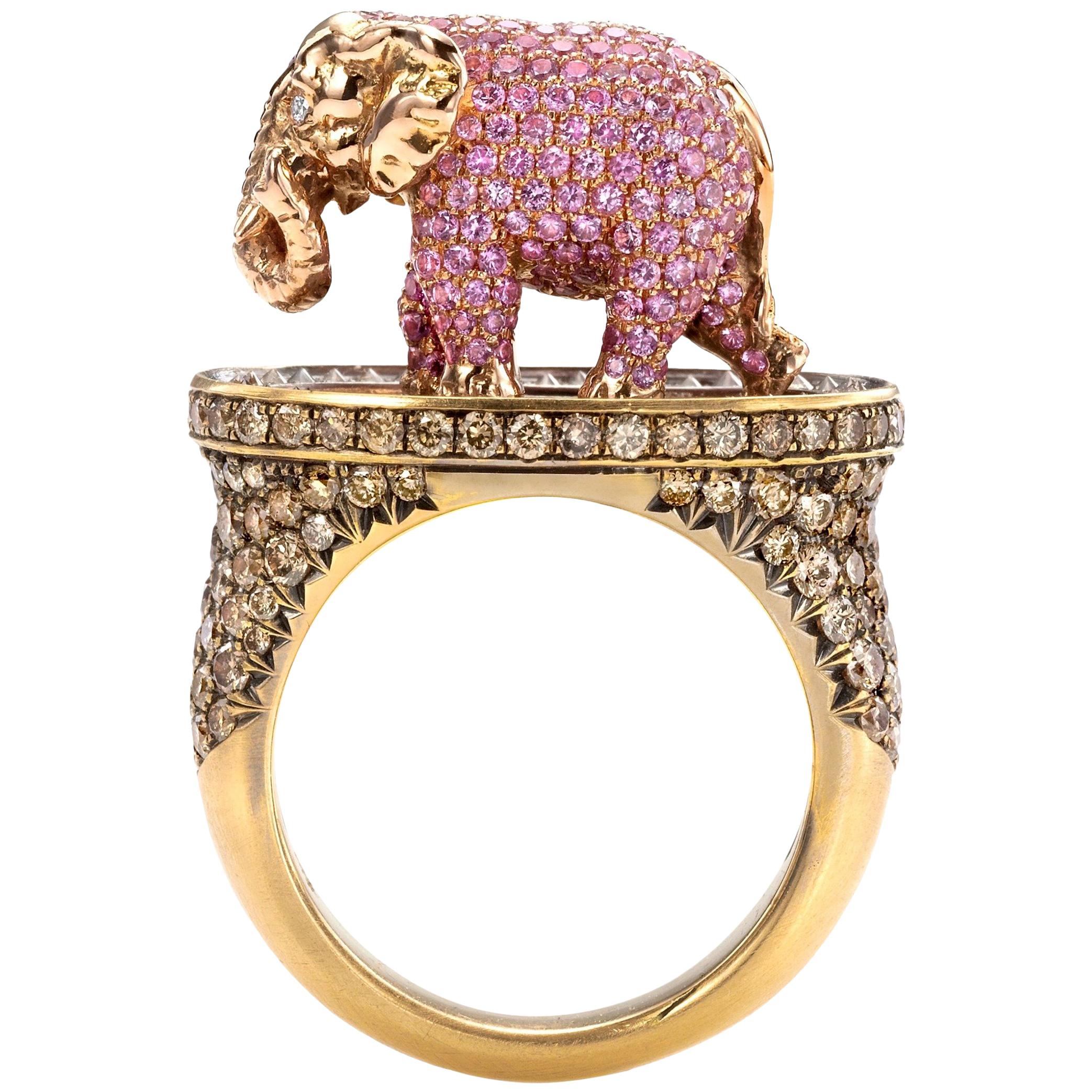 Wendy Brandes 2 TCW Pink Sapphire Elephant Ring in 18K Gold With Brown Diamonds