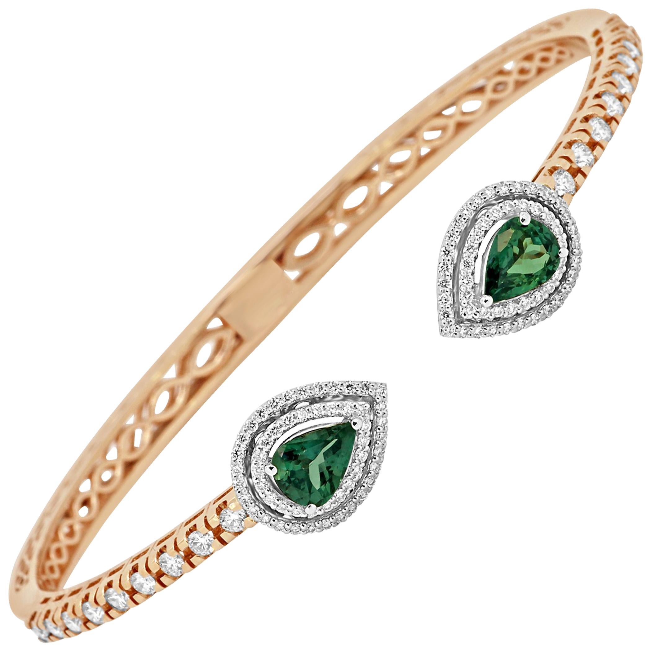 Alexandrite Pear White Diamond Rounds Double Halo Two-Color Gold Bangle Bracelet