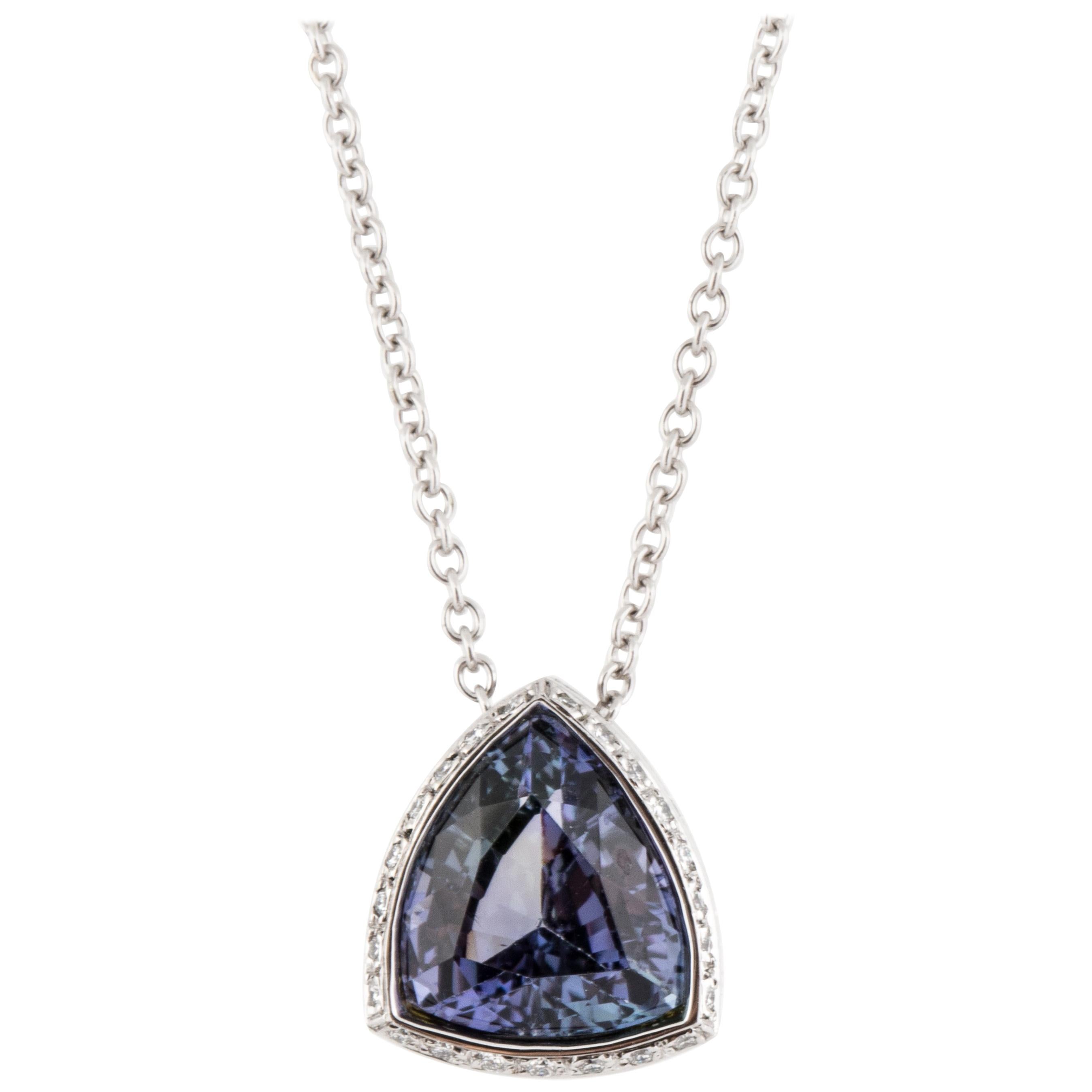 Triangular Tanzanite and Diamond Pendant Necklace in White Gold For Sale