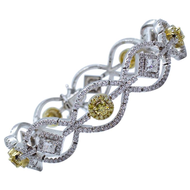 Estate Yellow & White Diamond Round Princess Cut Bracelet 18K Two Tone Gold