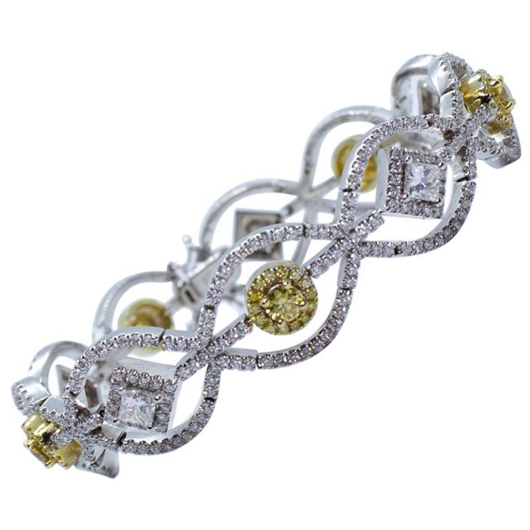 Estate Yellow and White Diamond Round Princess Cut Bracelet 18K Two ...