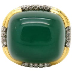 Designer David Webb 18K & Platinum Large Men’s Green Chalcedony & Diamond Ring