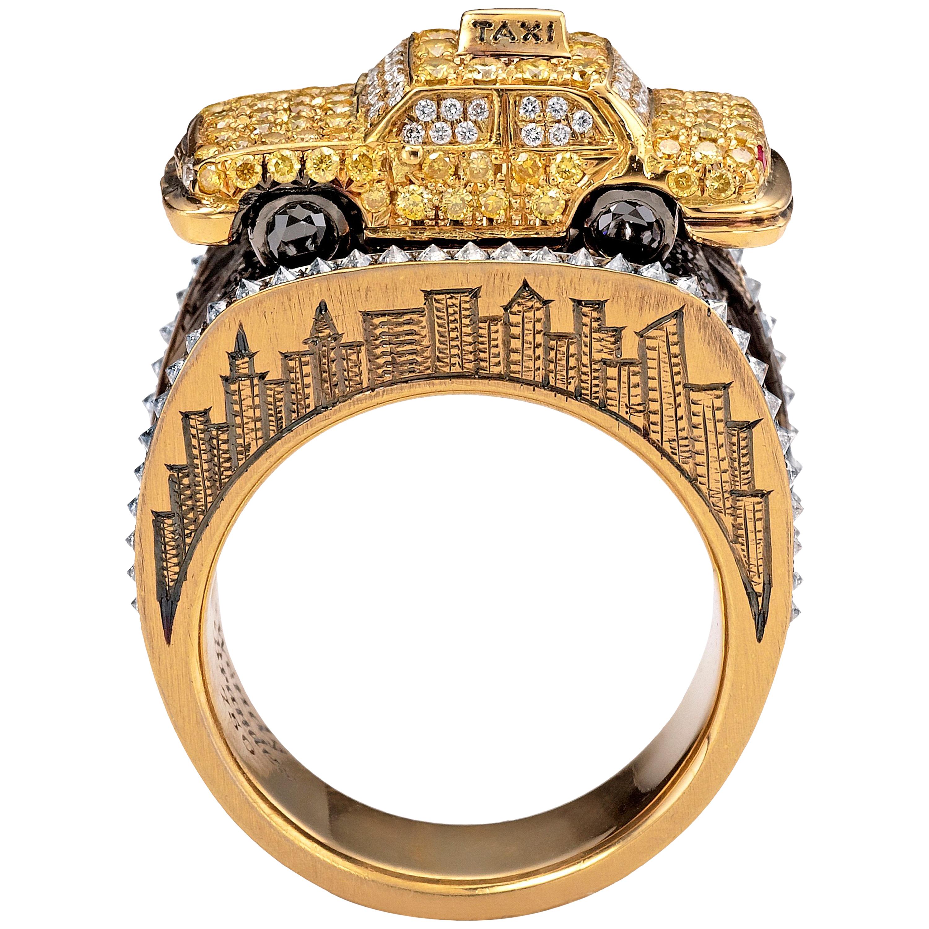 Wendy Brandes Signed Maneater Collection Ring: New York City Taxi and Passenger