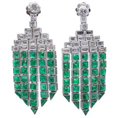 Vintage Platinum Diamond and Emerald Chandelier Art Deco Dangle Earrings