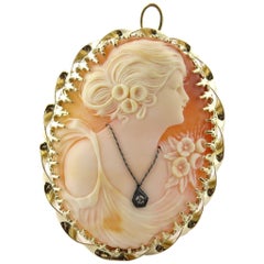 Classic Gibson Girl Cameo with Diamond Necklace 14 Karat Yellow Gold Pin Pendant