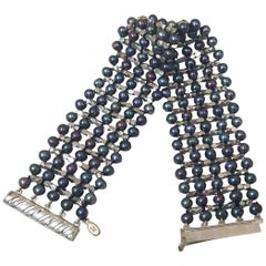 Unisex Black Pearl, Rhodium Plated Sterling Silver Beaded Cuff Bracelet, Clasp