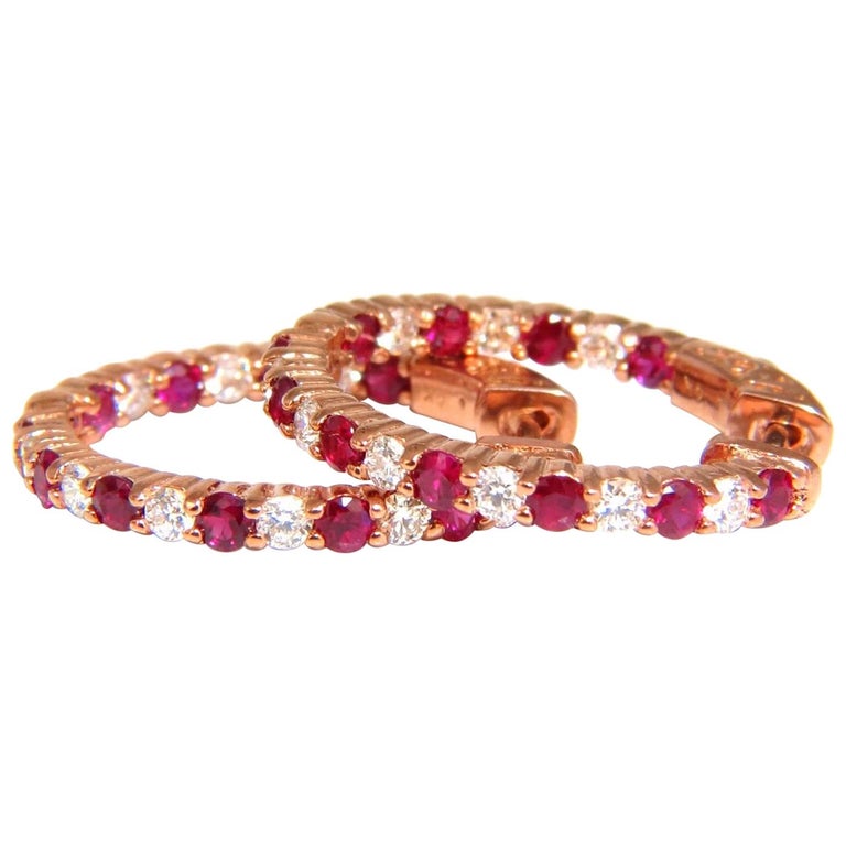 2 56 Carat Natural Red Ruby Diamond Hoop Earrings 14 Karat 2 56 Carat Natural Red Ruby Diamond Hoop Earrings 14 Karat Gold For