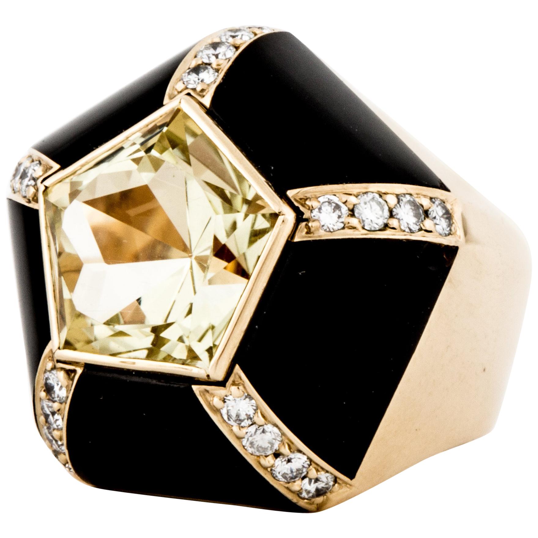  18K Gold Onyx and Citrine Pentagonal Ring For Sale