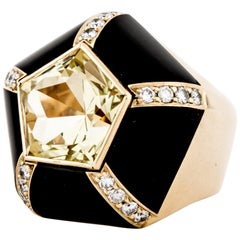  18K Gold Onyx and Citrine Pentagonal Ring