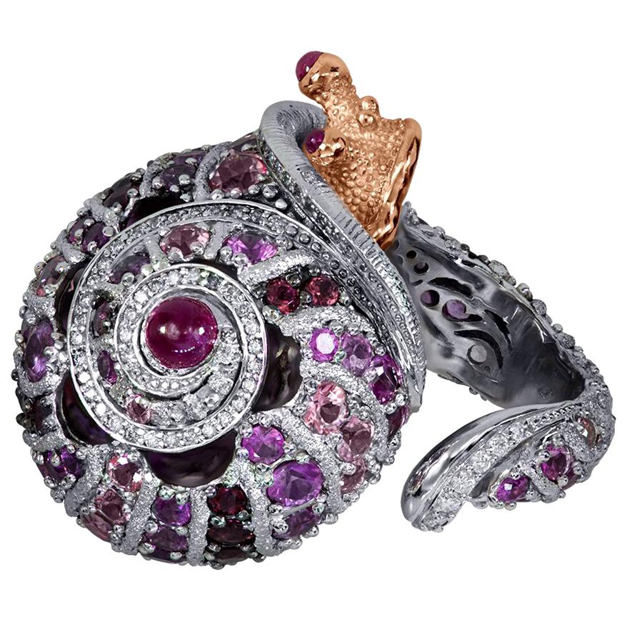 Alex Soldier Sapphire Tourmaline Diamond Topaz Ruby Snail Ring One of a Kind For Sale