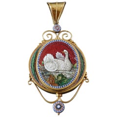 1870s Antique Grand Tour Italian Micromosaic Swan Gold Locket Pendant