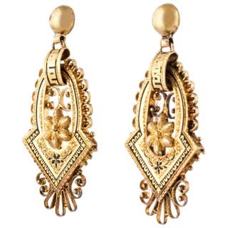 Victorian Onyx Cameo Flower Dangle Drop Earrings 14 Karat Gold For Sale ...