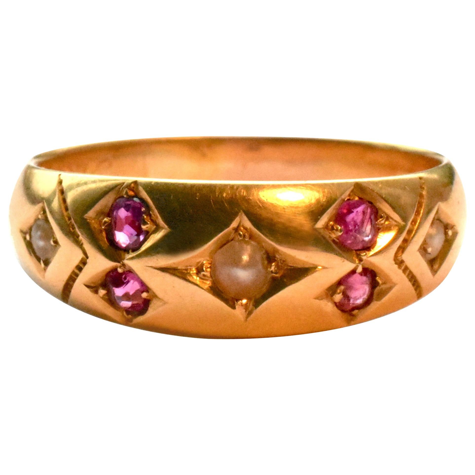 Antique Gold Gypsy Ring with Rubies and Pearls
