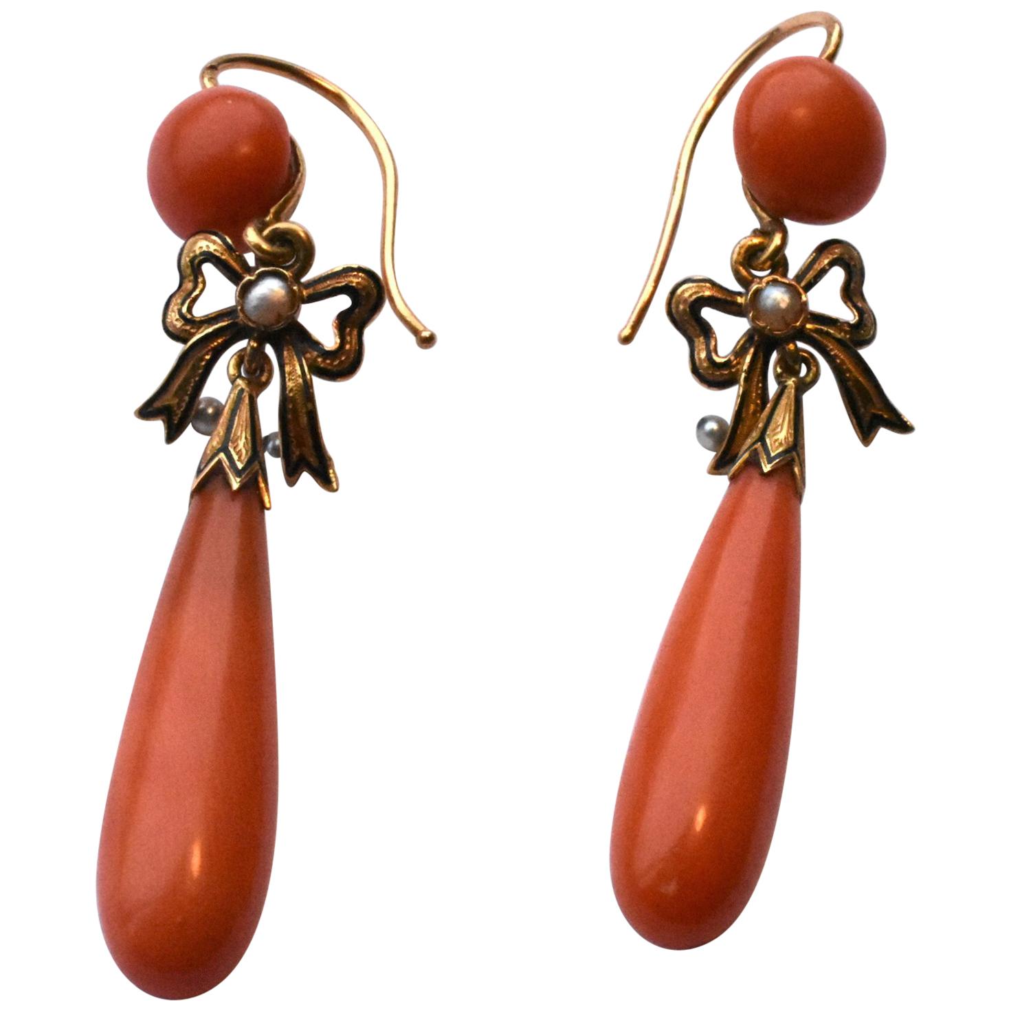 Antique Coral Earrings with Pearls and Enamel Bow For Sale