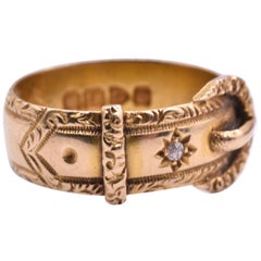 Gold Buckle Ring with Diamonds and Repousse Border HM 1899