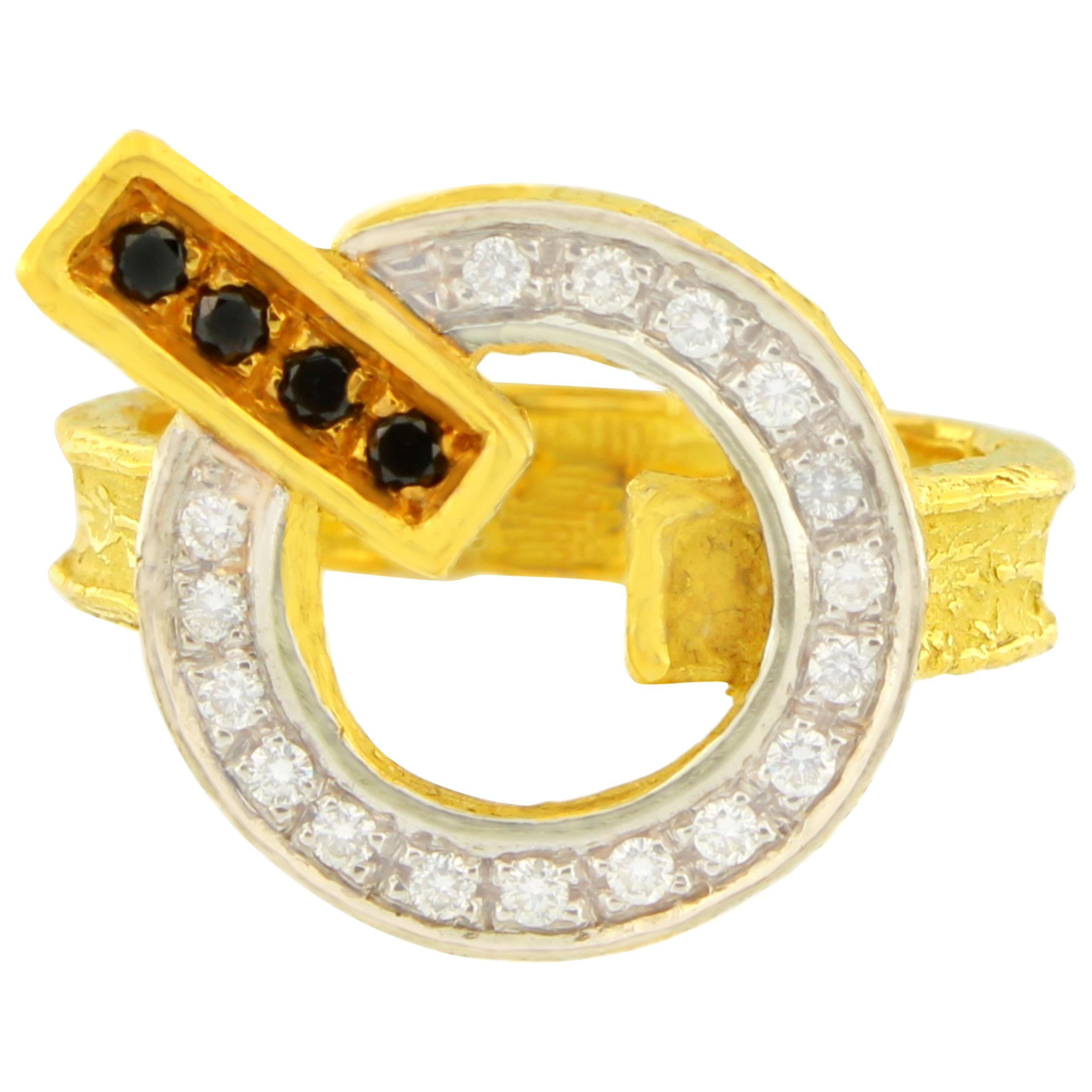 Sacchi Black and White Diamonds Gemstones 18 Karat Yellow Gold Cocktail Ring
