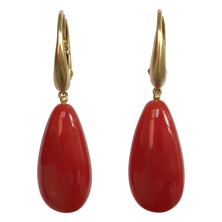 Dalben Design Mediterranean Long Drop Red Coral Yellow Gold Dangle Earring For Sale