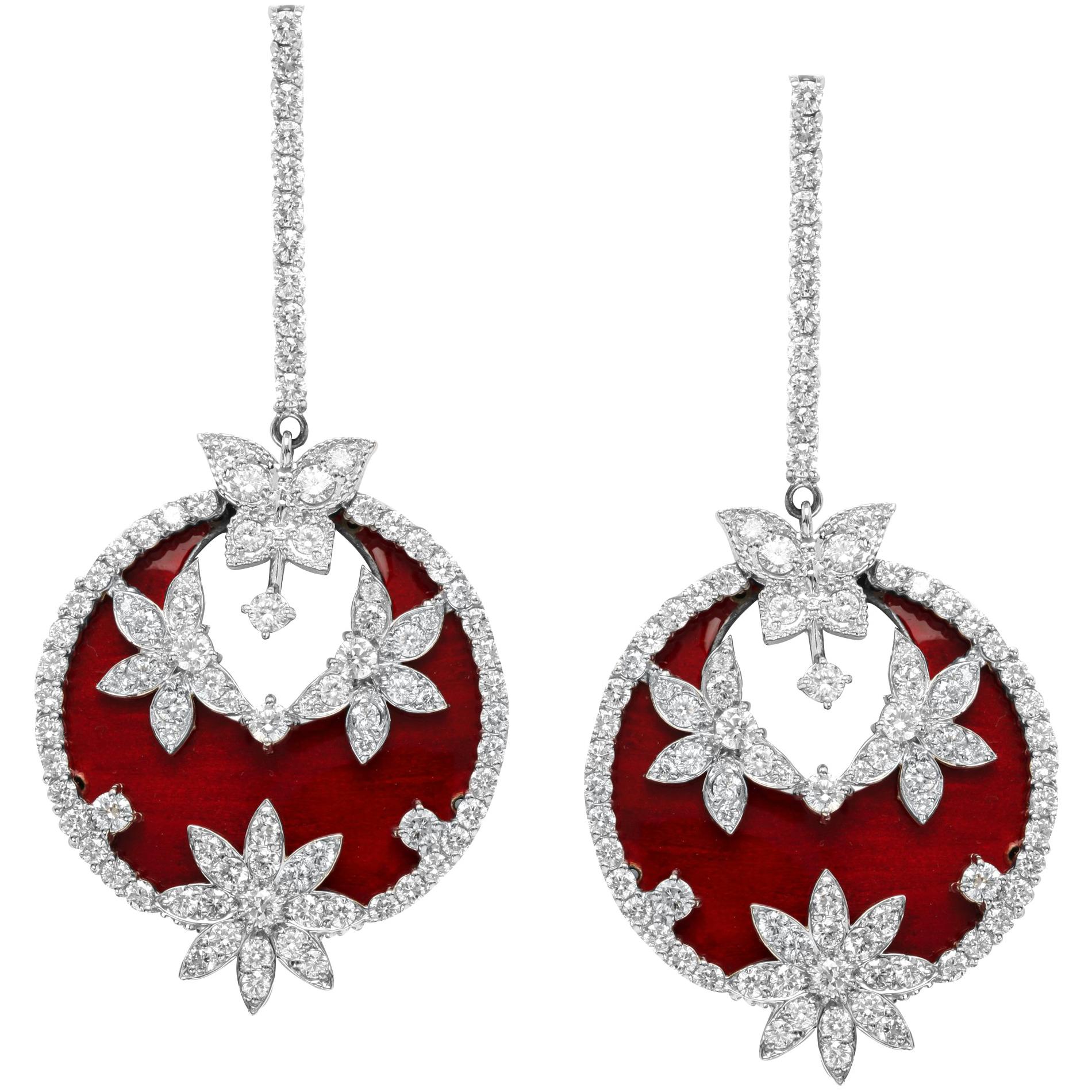 Red Enamel and Diamond White Gold Drop Earrings Stambolian