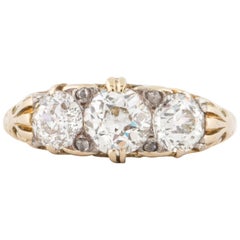 Anello vittoriano in oro 18 carati con tre pietre di diamante antico di taglio europeo