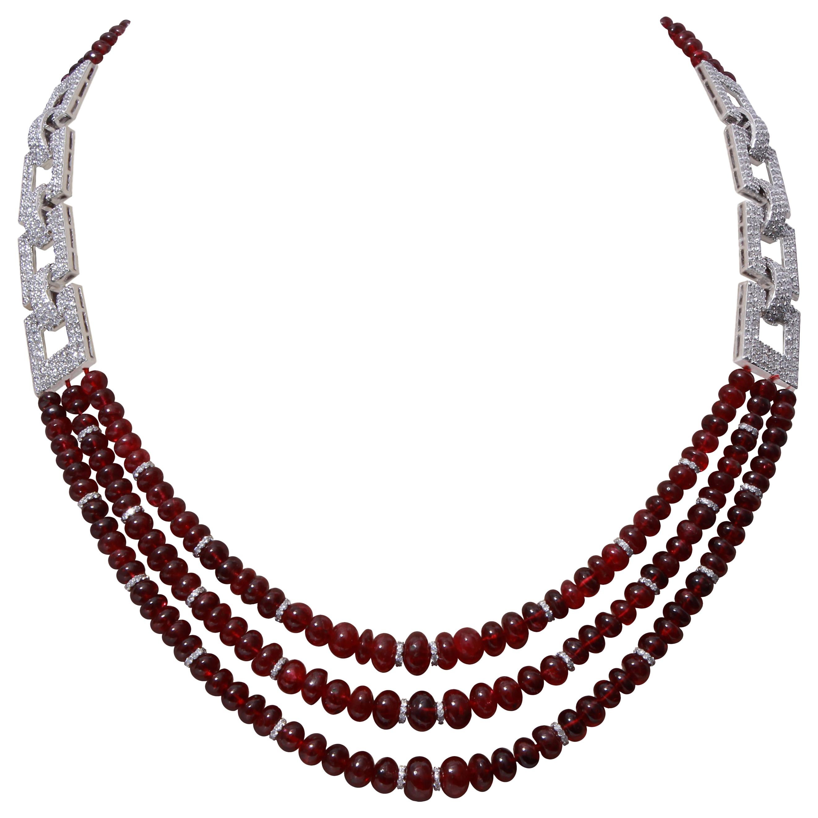18K Gold Spinel and Diamonds Multi-Strand Necklace For Sale