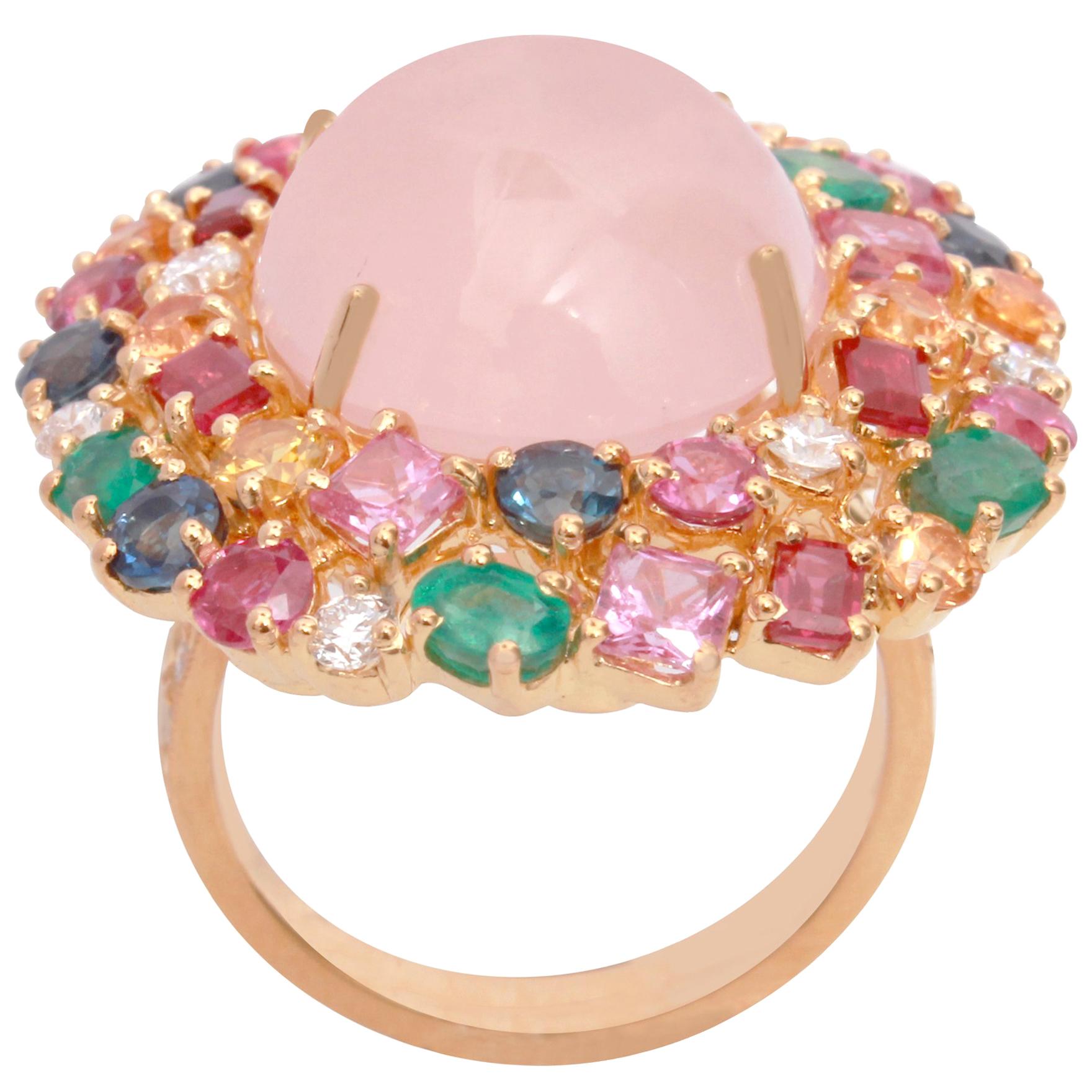 18K Gold Multi-Color Precious Stones and Rose Quarts Ring For Sale