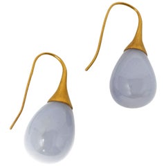 Dancing Apsara Blue Lace Agate and 18 Karat Gold Drop Dangle Earrings