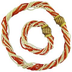 Coral and Pearl Torsade Necklace and Bracelet Set 5