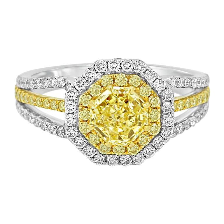 Natural Fancy Yellow Diamond Double Halo Two-Color Gold Bridal Fashion Ring