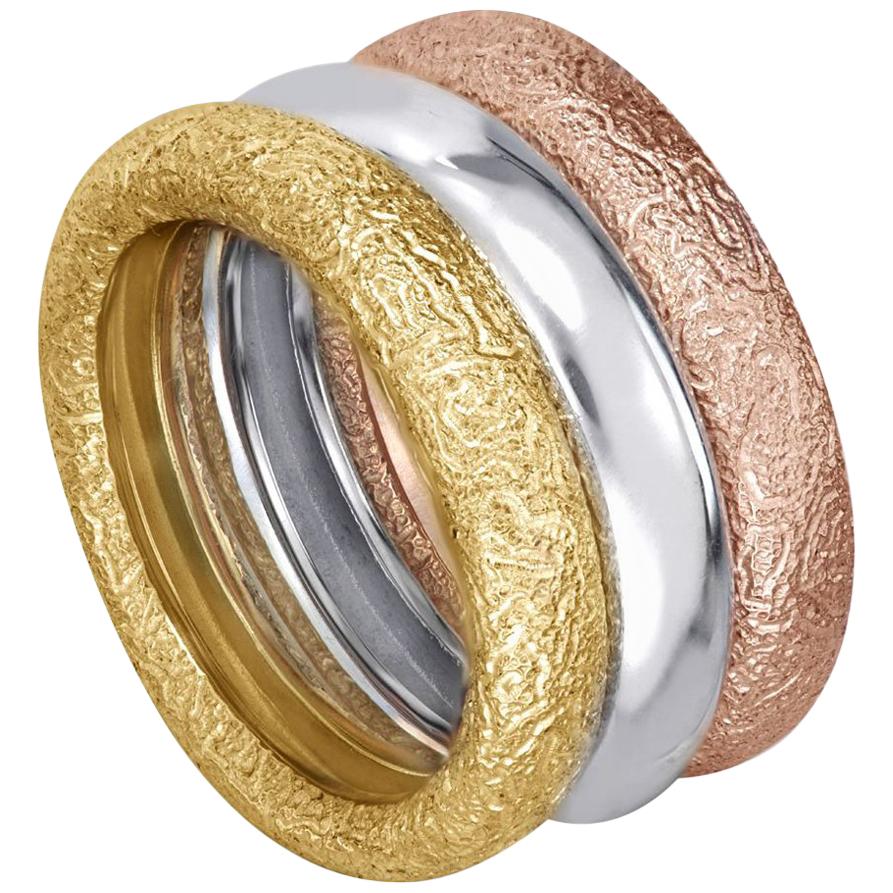 Alex Soldier Three-Band Stackable Multi Gold Textured Rings One of a Kind For Sale