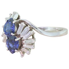Midcentury Pear Cut Sapphire and Baguette Cut Diamond Ring