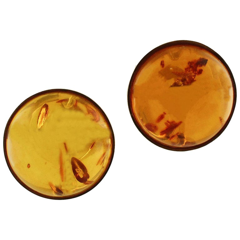 Ciner 1990s Goldtone With Amber Rhinestones And Large Pearl Clip Amber Yellow Gold Clip On Earrings