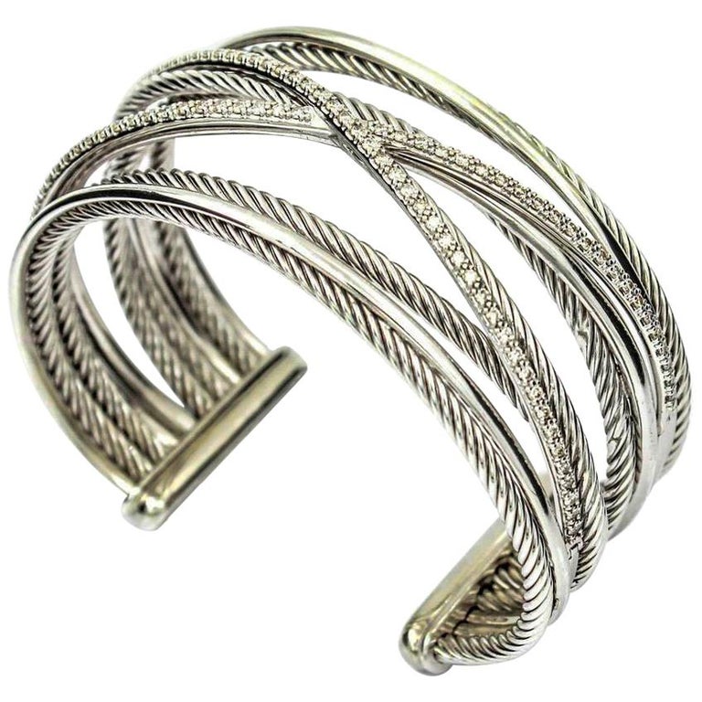 David Yurman Crossover Five Row 14k Gold Sterling Silver Diamond David Yurman Crossover Five Row 14k Gold Sterling Silver Diamond Cuff Bracelet For