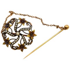 Solid 10 Karat Yellow Gold Antique Seed Pearl Pin with Stick Pin 3.6g