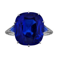 9.33 Carat Antique Cushion Cut Unheated Sapphire Diamond Platinum Ring