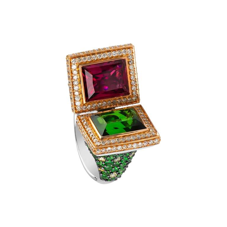Zorab Creations Pink and Green Tourmaline Bi-Fold Cocktail Ring For Sale