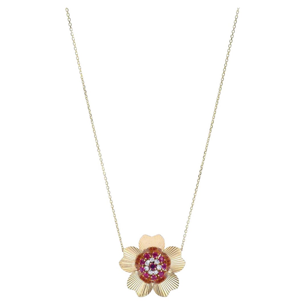 Retro Diamond Ruby Yellow Gold Pendant Chain Necklace 1950S