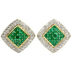 18 Karat Emerald and Diamond Large Square Button Earrings