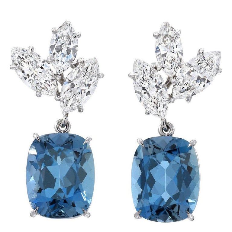 Aquamarine Diamond Platinum Drop Earrings at 1stDibs