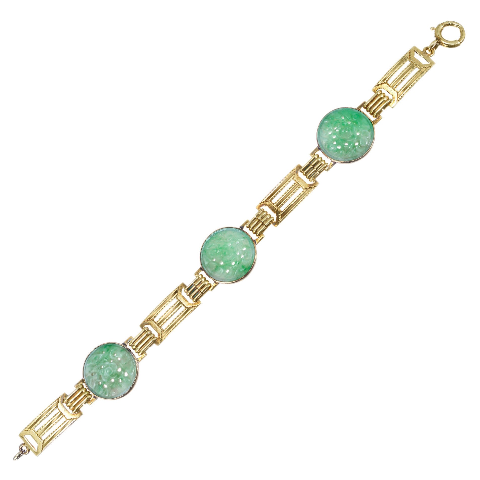 Art Deco echtes geschnitztes Gliederarmband aus Jadeit Jade in Grün und Gold mit Grüngold