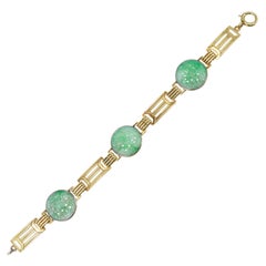 Art Deco Genuine Jadeite Jade Green Gold Carved Link Bracelet