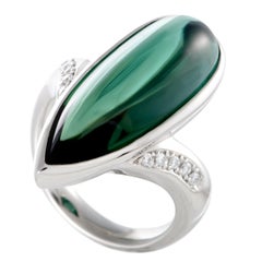 Vintage Diamonds and Teardrop Green Tourmaline Cabochon Long Platinum Ring