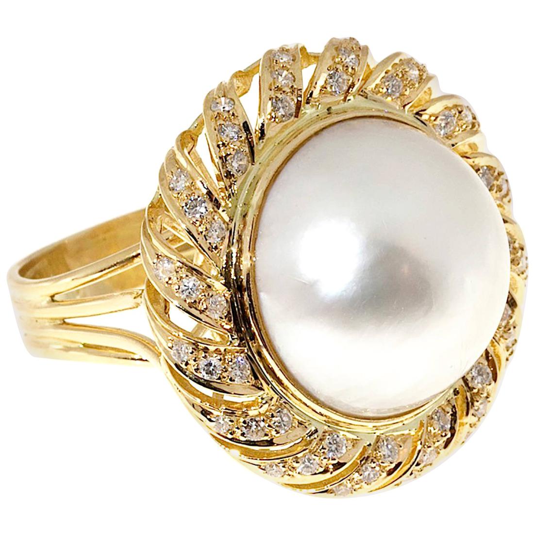 0,85 Karat Perle Diamant Gold Wirbel Cocktail-Ring im Angebot