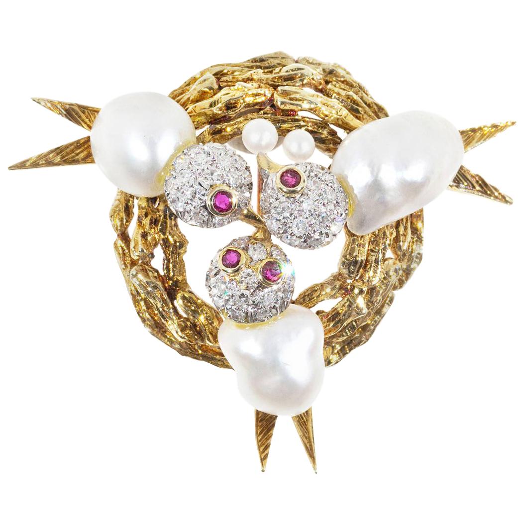 Trio de perles Diamond Ruby Baroque Pearl Triple Bird Nest Brooch