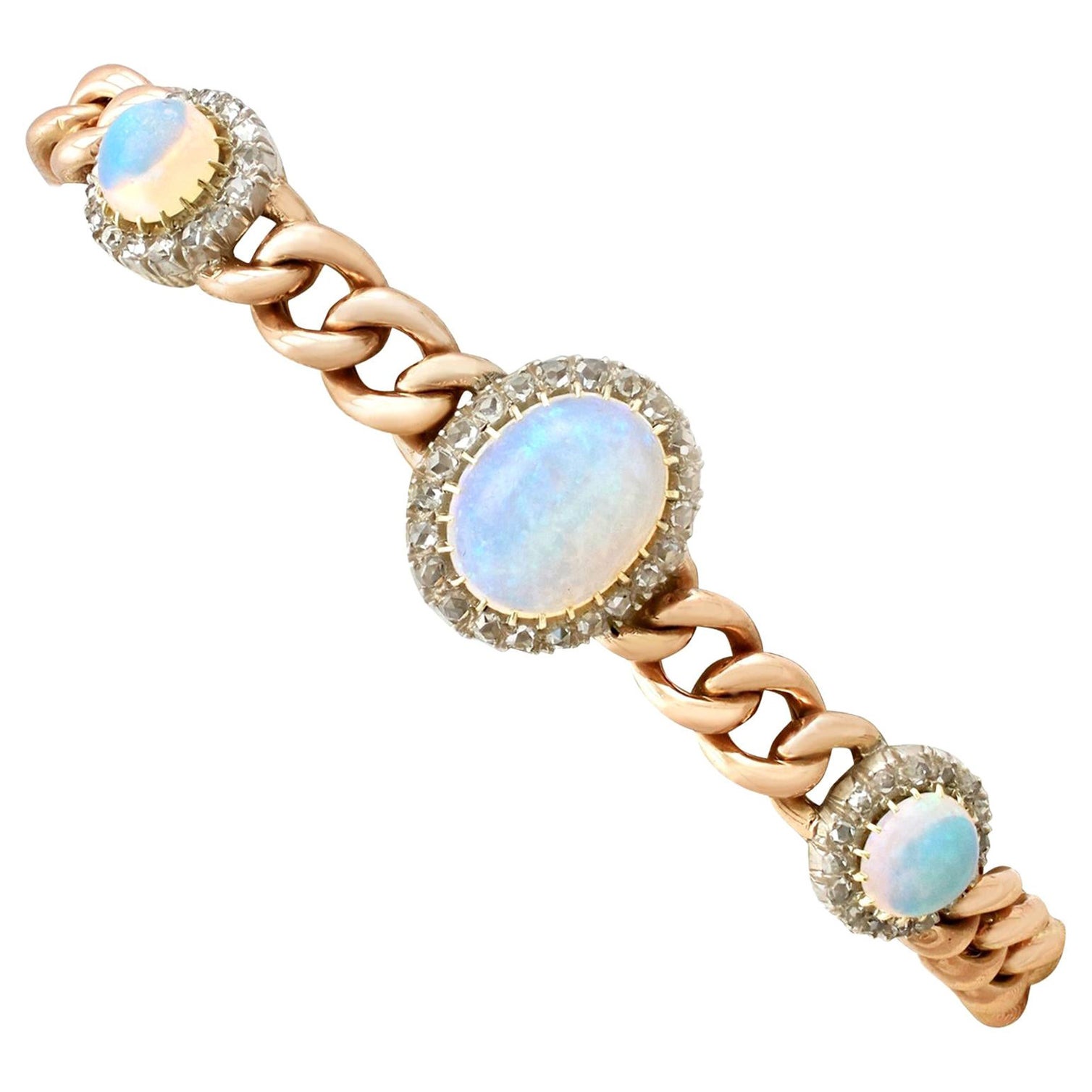 Victorian 3.83ct White Opal and 1.12ct Diamond Yellow Gold Bracelet