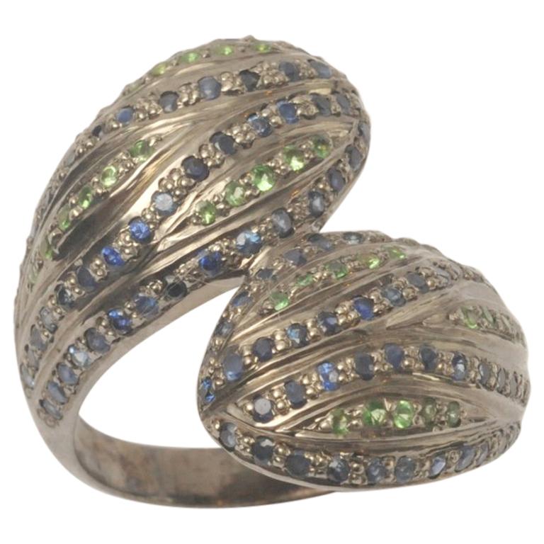 Stylized Snake Head Ring with Sapphires and Tsavorite Stones