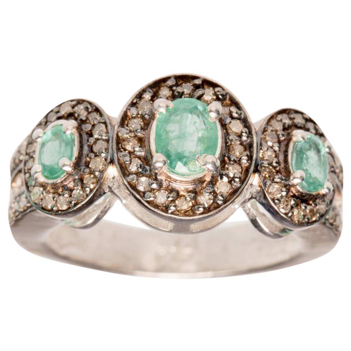 Emerald and Diamond Ring Set in Sterling For Sale