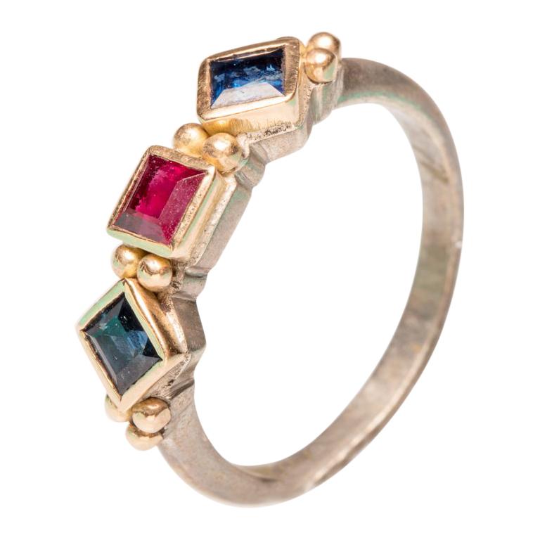 18 Karat Gold and Sterling Ruby and Sapphire Ring