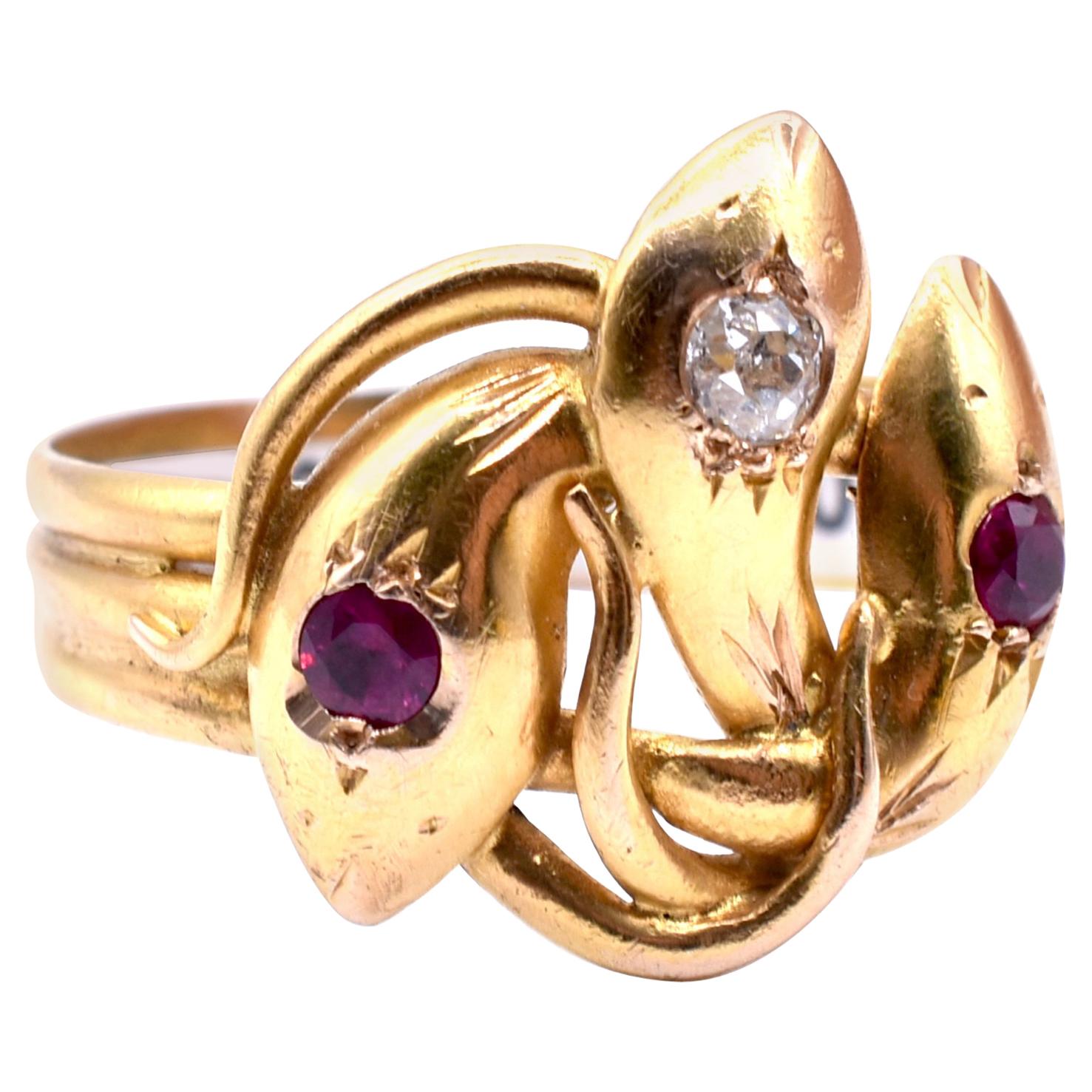 Three Headed Snake Ring with Rubies and Diamonds