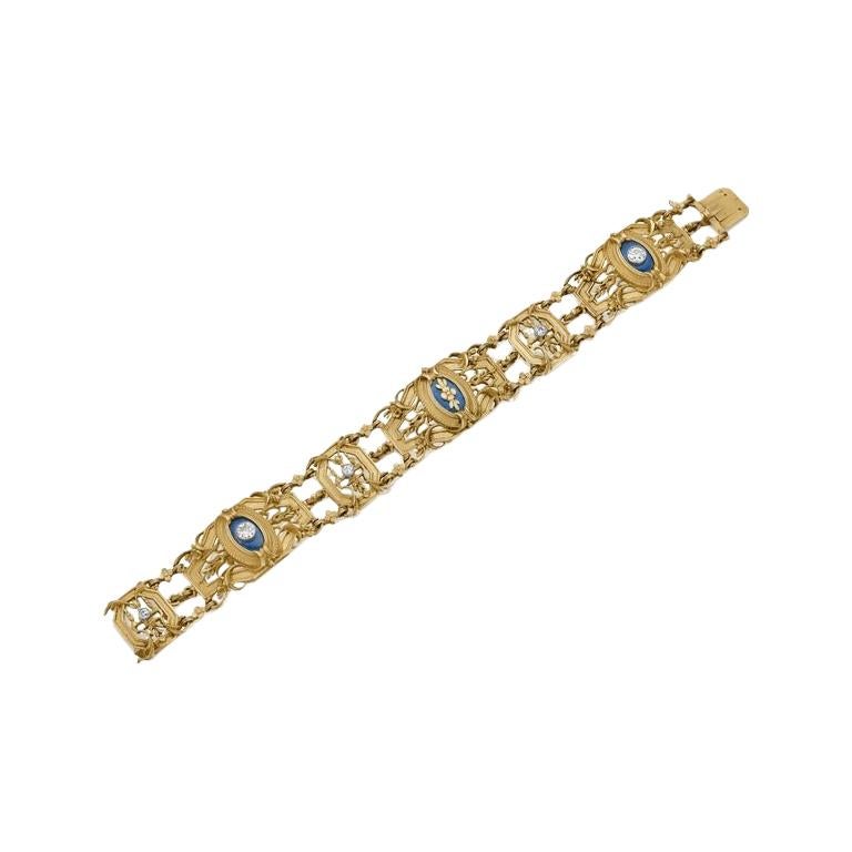 Gautrait & Gariod French Art Nouveau Diamond Enamel Platinum and Gold Bracelet