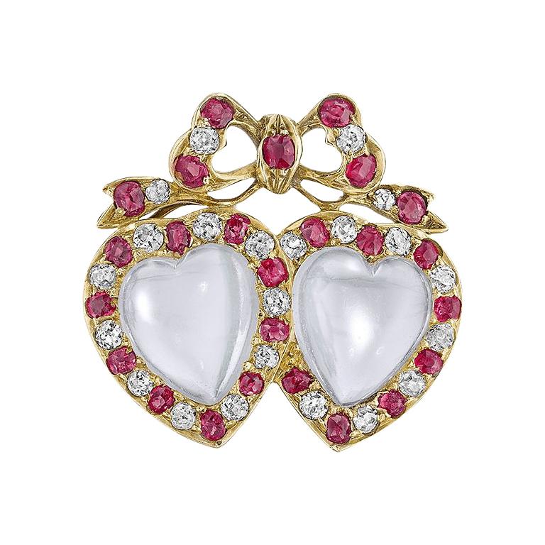 English Victorian Diamond, Moonstone and Ruby Brooch For Sale at 1stDibs